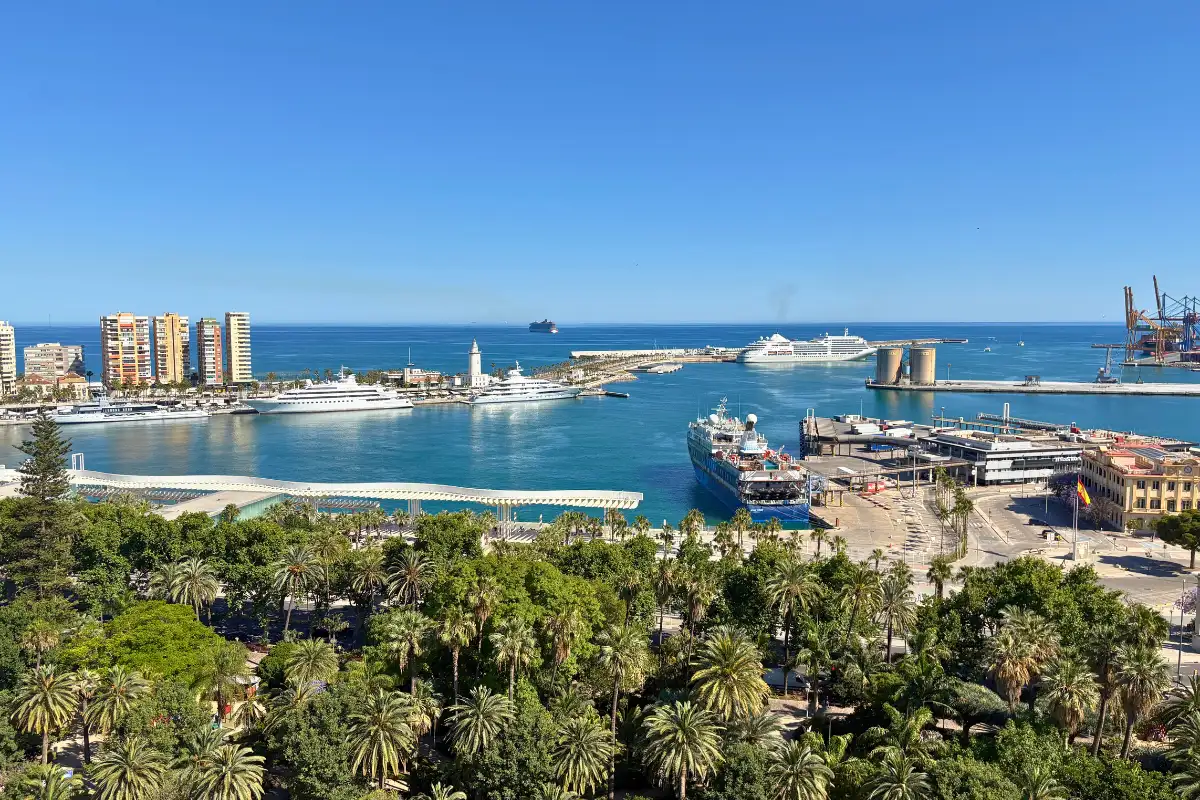 Panoramic view of Malaga port and palm gardens from AC Hotel Malaga Palacio rooftop