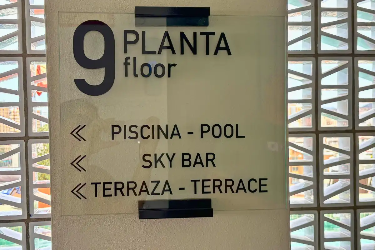 Ninth floor signage for pool, sky bar and terrace at H10 Croma, Malaga