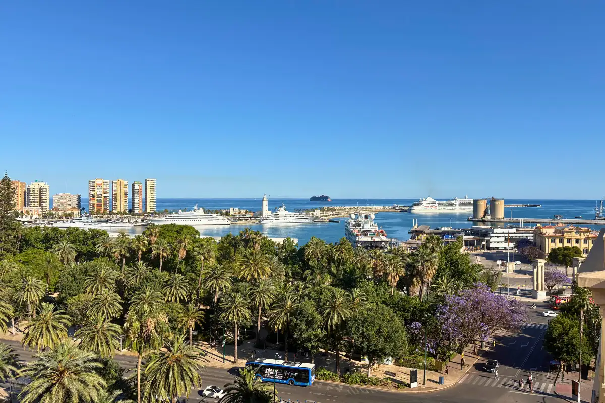 Malaga port and gardens viewed from the Molina Lario rooftop terrace
