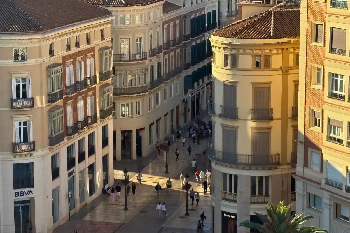 Aerial view down Calle Larios shopping street from Lolita Skyview in Malaga