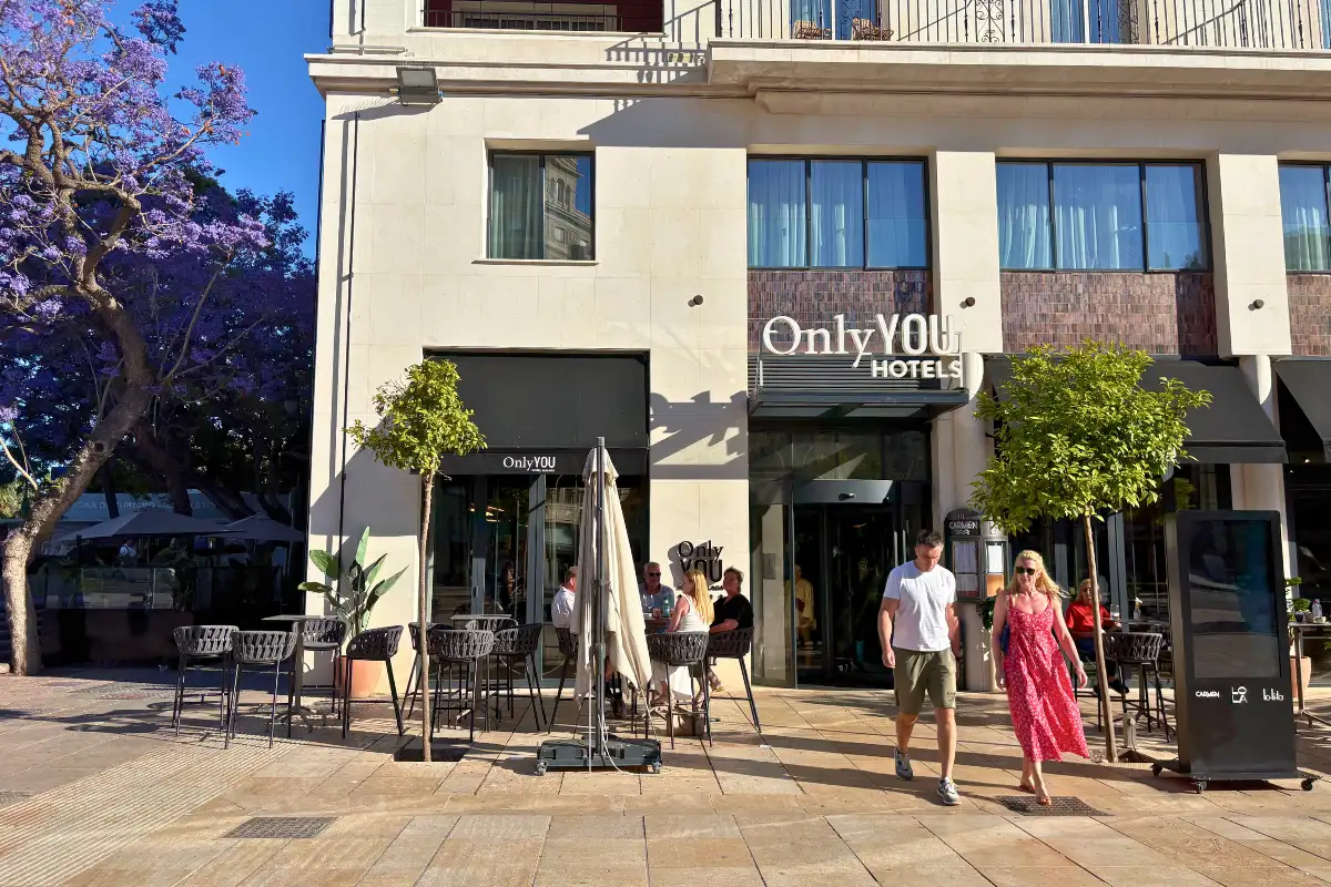 Street-level exterior of the Only YOU Hotel, home of Lolita Skyview in Malaga