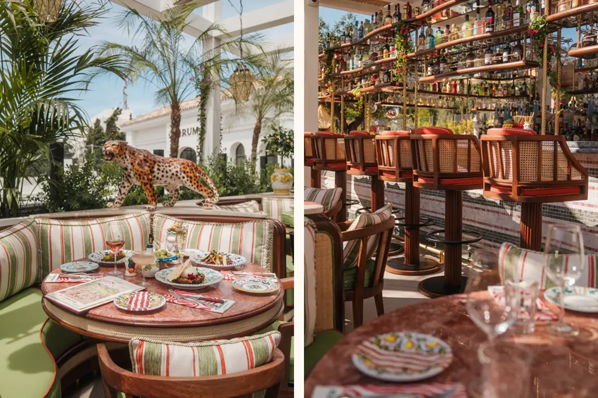 Floral dining tables and stocked bar at Cielo rooftop in Marbella