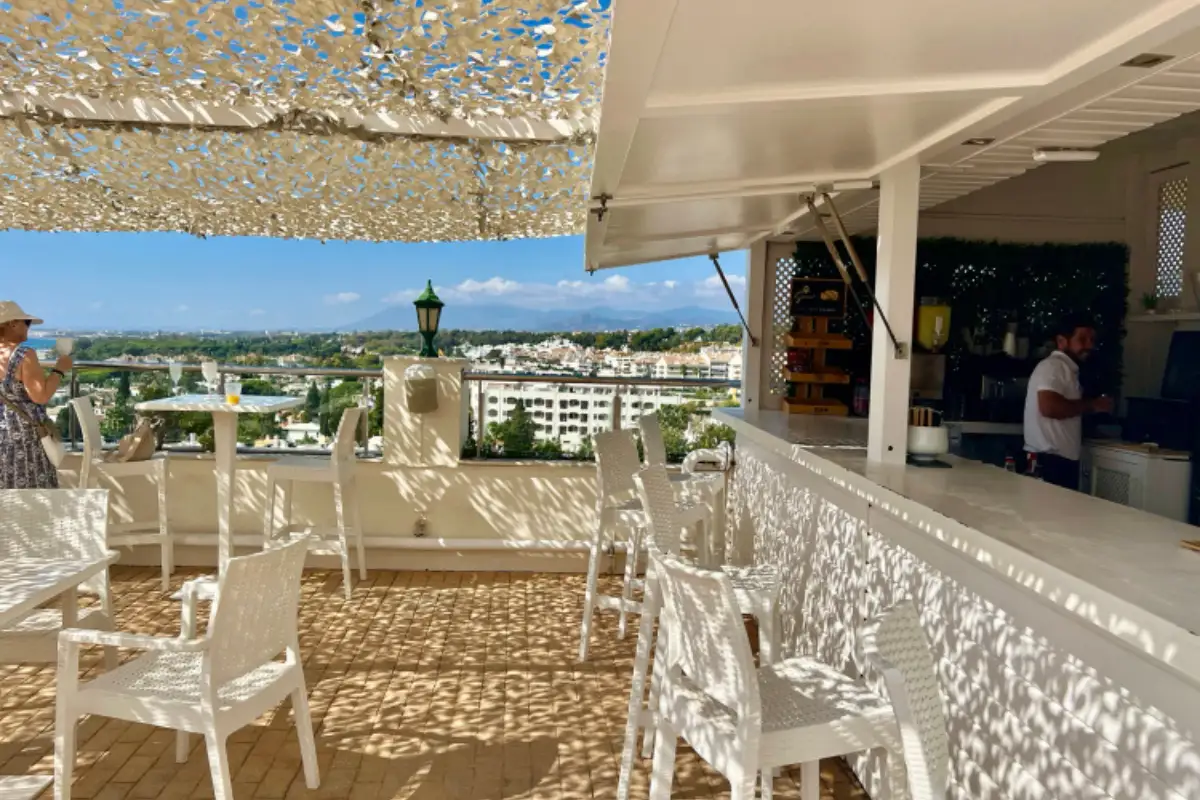 Rooftop bar and seating with town views at Senator Hotel, Marbella