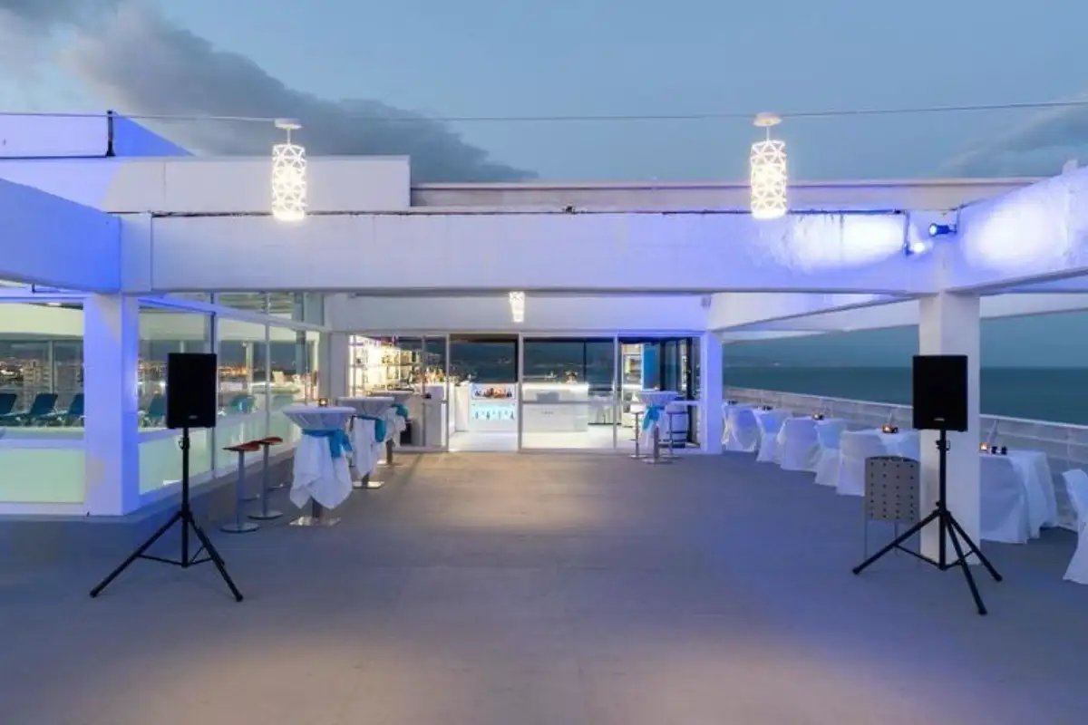Indoor rooftop pool with sea views at Blueside Skybar in Torremolinos