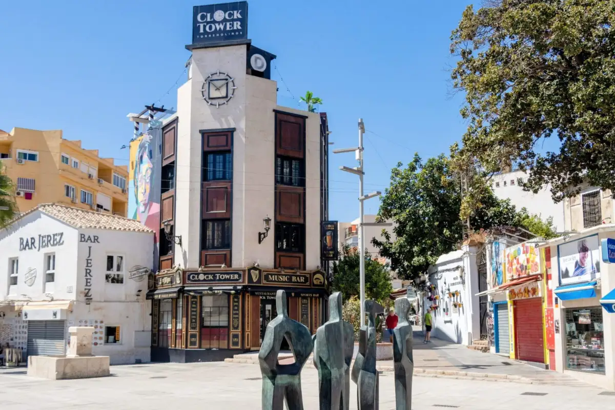 Street view of the landmark Clock Tower bar building in Torremolinos