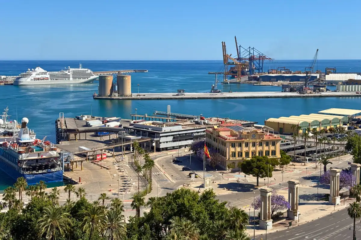 Cruise ship docked at Malaga's port with harbour cranes and palm trees, seen from the AC Hotel Malaga Palacio rooftop