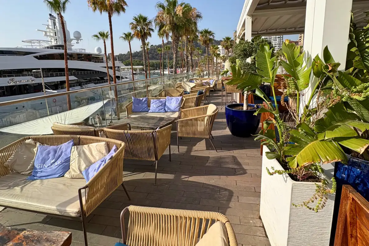 Palm-lined terrace overlooking moored yachts at Cobalto 15, Malaga marina