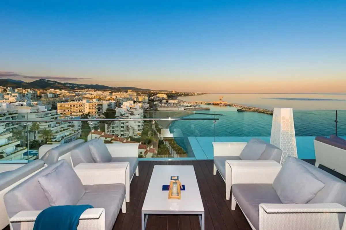 Rooftop terrace overlooking Marbella coast and sea at The Belvue