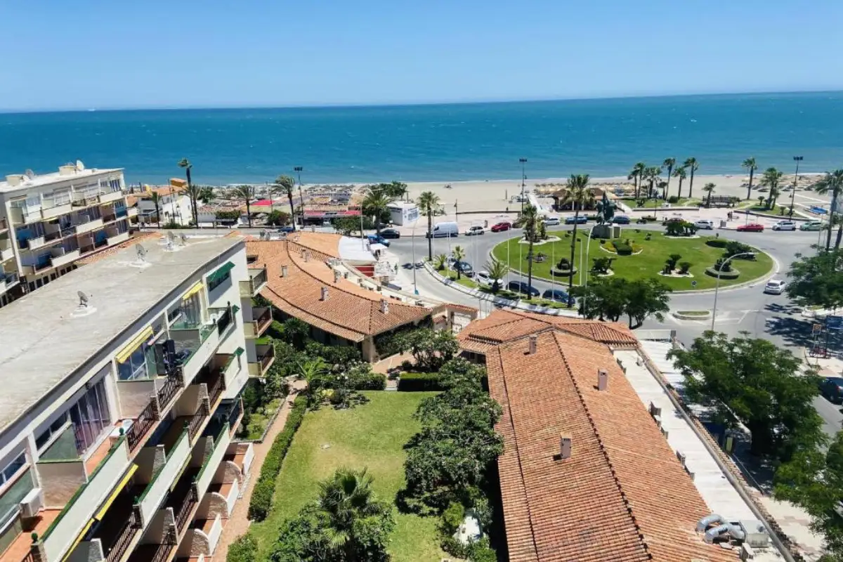 Aerial view of the beach and seafront beside Los Jazmines in Torremolinos