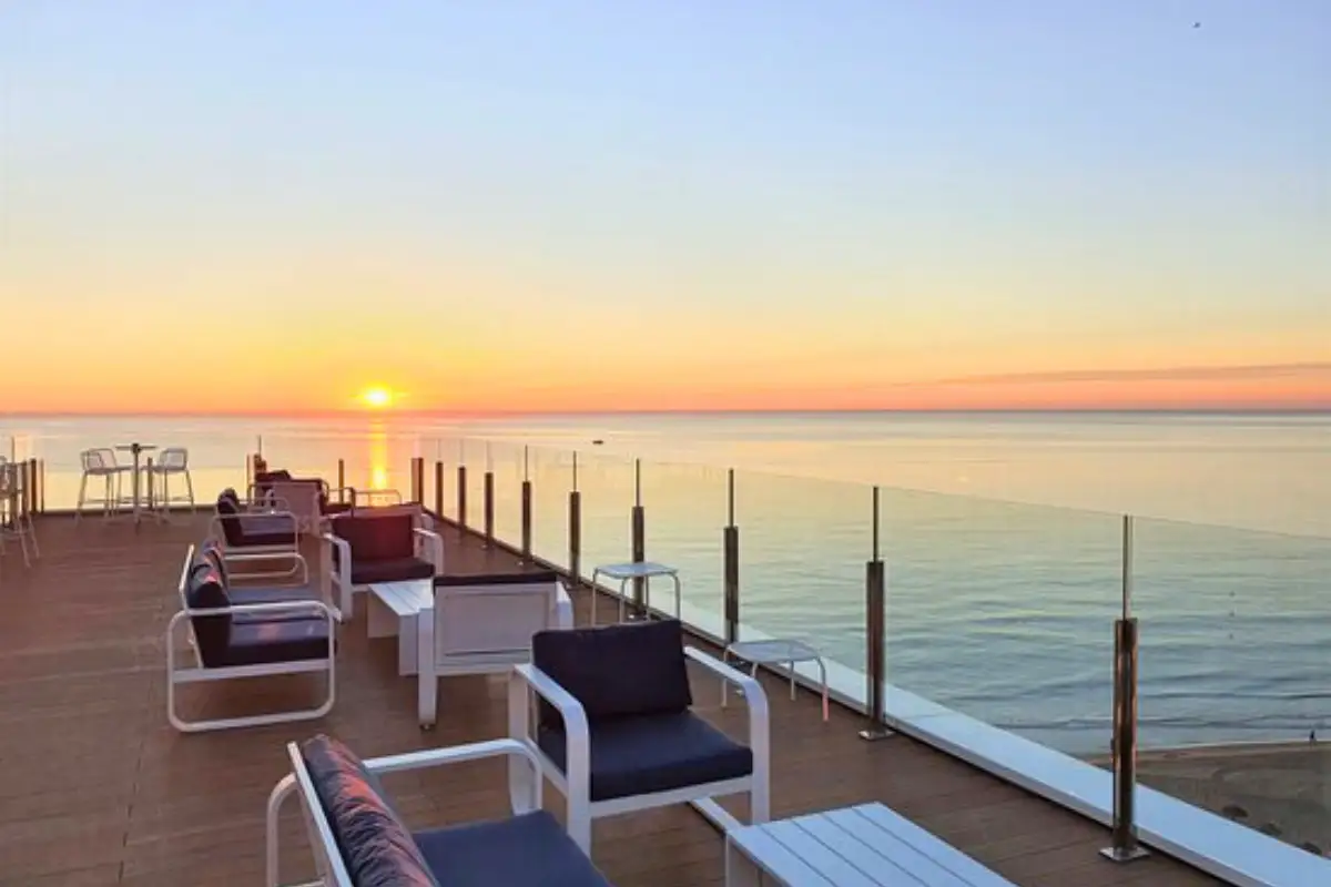 Sun setting over the sea from the terrace at Sky and Sea in Torremolinos