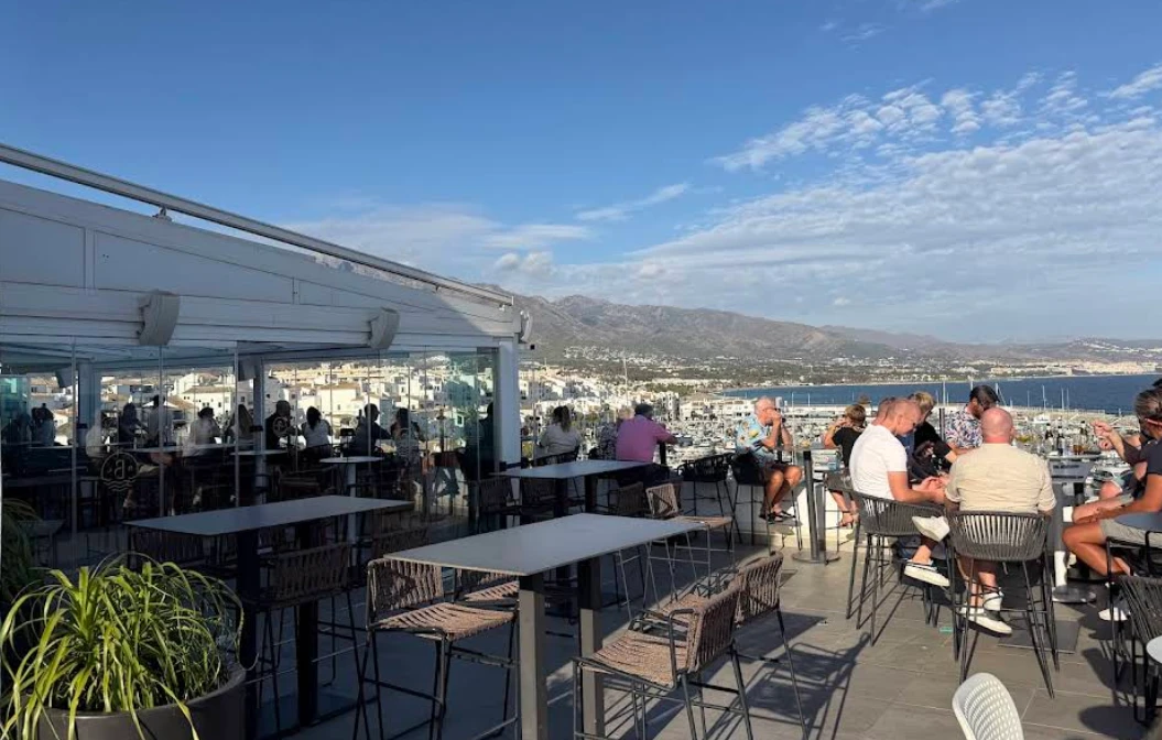 Daytime rooftop terrace with sea views at Sky Lounge, Benalmadena