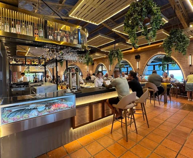 Long bar with hanging plants and guests on stools at El Higuerón, Fuengirola