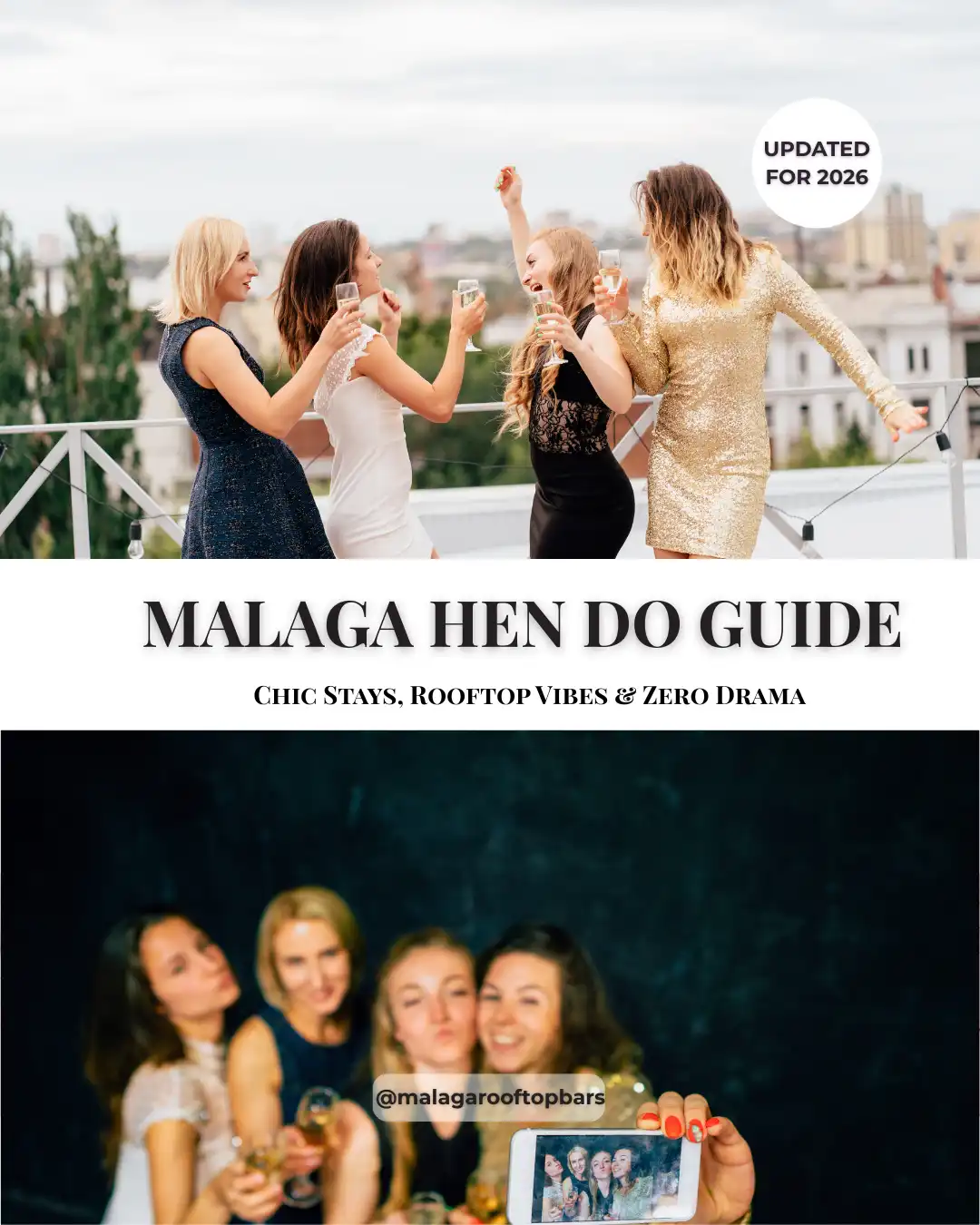 Malaga hen do guide cover with women toasting champagne on a rooftop
