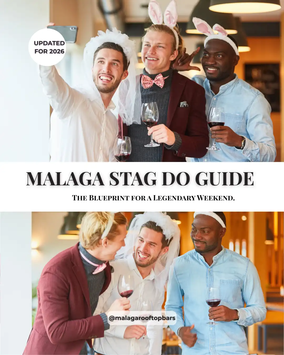 Malaga stag do guide cover featuring groups of men toasting drinks