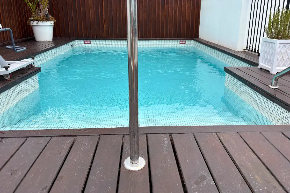 Small plunge pool on the wood deck at La Terraza de Valeria rooftop in Malaga