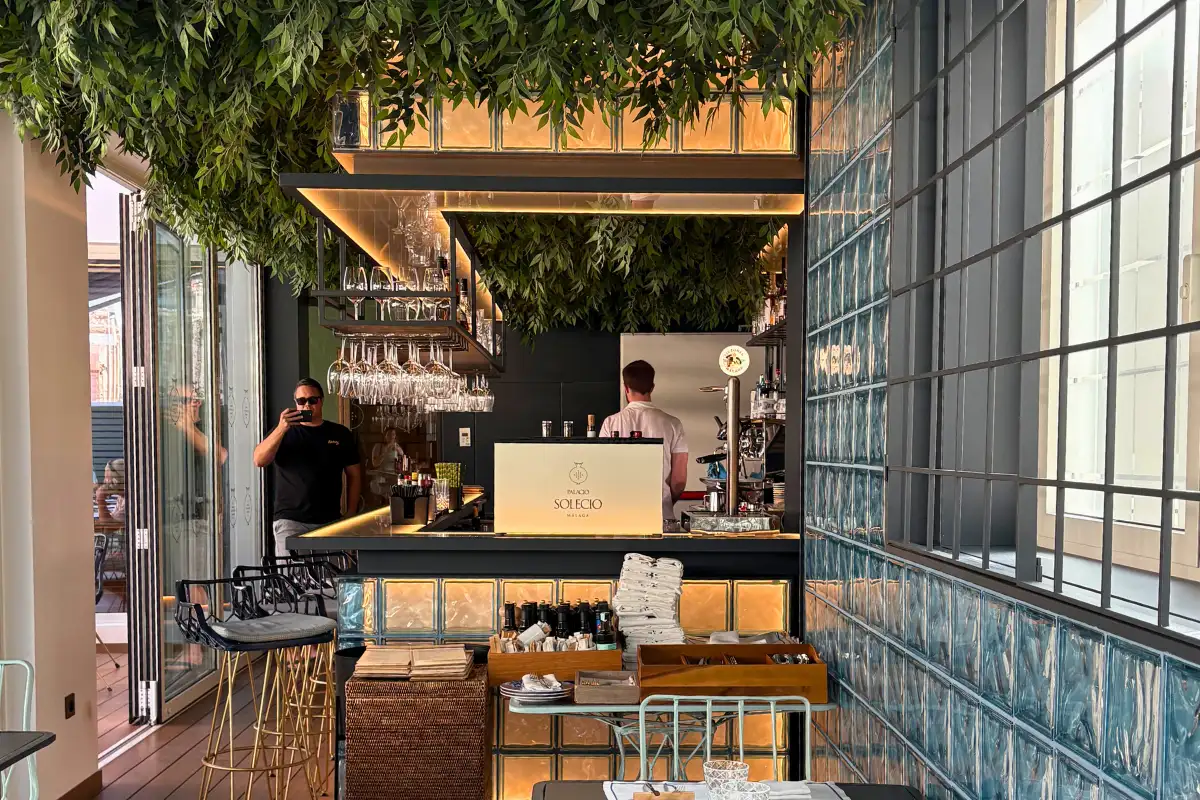 Leafy terrace bar with tiled counter at La Terraza Solecio in Malaga