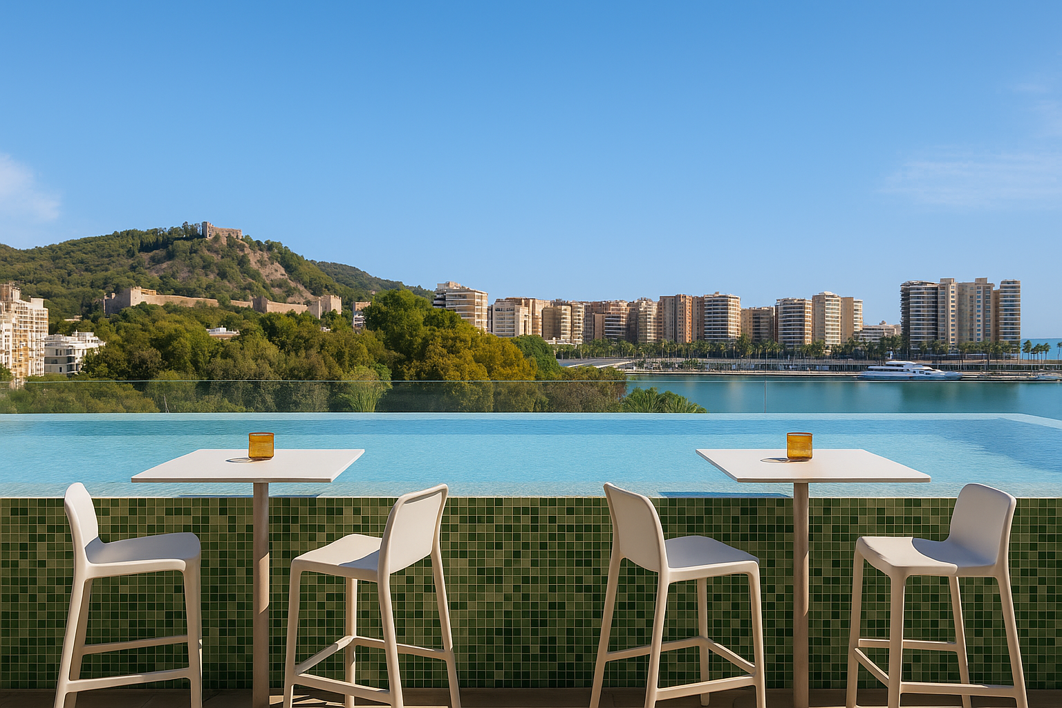 Bar tables beside the infinity pool with city and mountain views at Lolita Skyview in Malaga