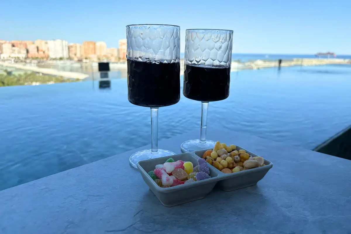 Sea view with cocktails at Lolita Skyview rooftop bar in Malaga