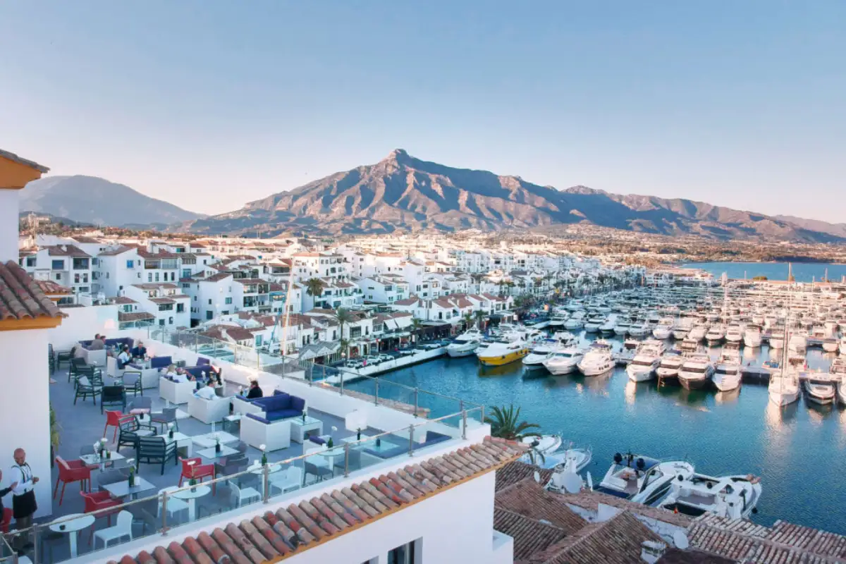 Puerto Banus marina and La Concha mountain from Benabola Sky Lounge Marbella